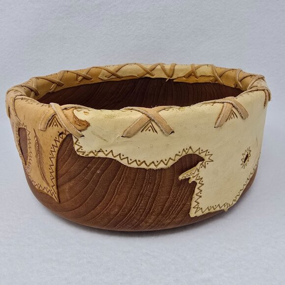 Wood Bowl 12" Leather Overlay Handmade Possibly Native American Round Wooded - Picture 2 of 14